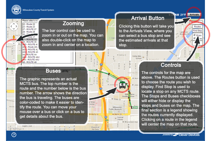 Zooming - The bar control can be used to zoom in or out on the map.  You can also double-click on the map to zoom in and center on a location. Buses - The graphic represents an actual MCTS bus.  The top number is the route and the number below is the bus number.  The arrow shows the direction the bus is traveling.  The buses are color-coded to make it easier to identify the route. You can move your mouse over a bus or click on a bus to get details about the bus. Bus Stops - The red dots represent bus stops on a bus route.  Red dots right next to each other represent bus stops on either side of the street, with buses going in opposite directions.  You can move your mouse over a stop or click on a stop to see the name of the stop and get details on when a bus is predicted to arrive at that stop. Controls - The controls for the map are above.  The Routes button is used to choose the route you wish to display.  Find Stop is used to locate a stop on any MCTS route.  The Stops and Buses checkboxes will either hide or display the stops and buses on the map.  The final section is a legend showing the routes currently displayed.  Clicking on a route in the legend will center the map on that route.