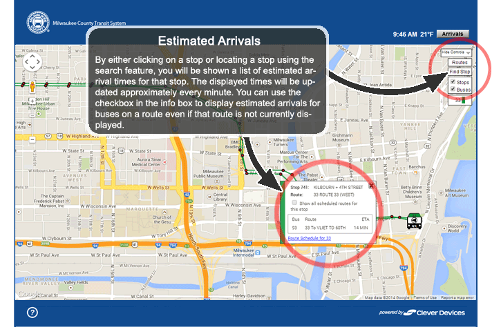 Estimated Arrivals - By either clicking on a stop or locating a stop using the search feature, you will be shown a list of estimated arrival times for that stop.  The displayed times will be updated approximately every minute. You can use the checkbox in the info box to display estimated arrivals for buses on a route even if that route is not currently displayed.