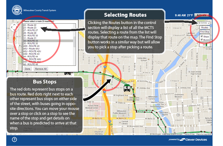 Selecting Routes - Clicking the Routes button in the control section will display a list of all the MCTS routes.  Selecting a route from the list will display that route on the map.  The Find Stop button works in a similar way but will allow you to pick a stop after picking a route.